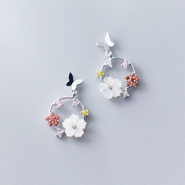 Butterfly Flower Hoop Drop Earrings