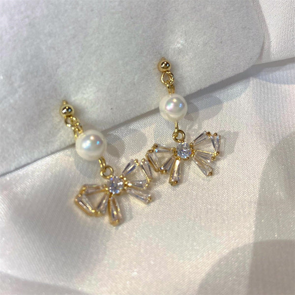 Pearl Bow Dangle Drop Earrings