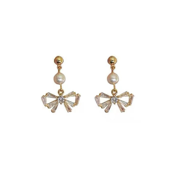 Pearl Bow Dangle Drop Earrings