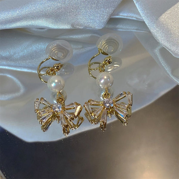 Pearl Bow Dangle Drop Earrings